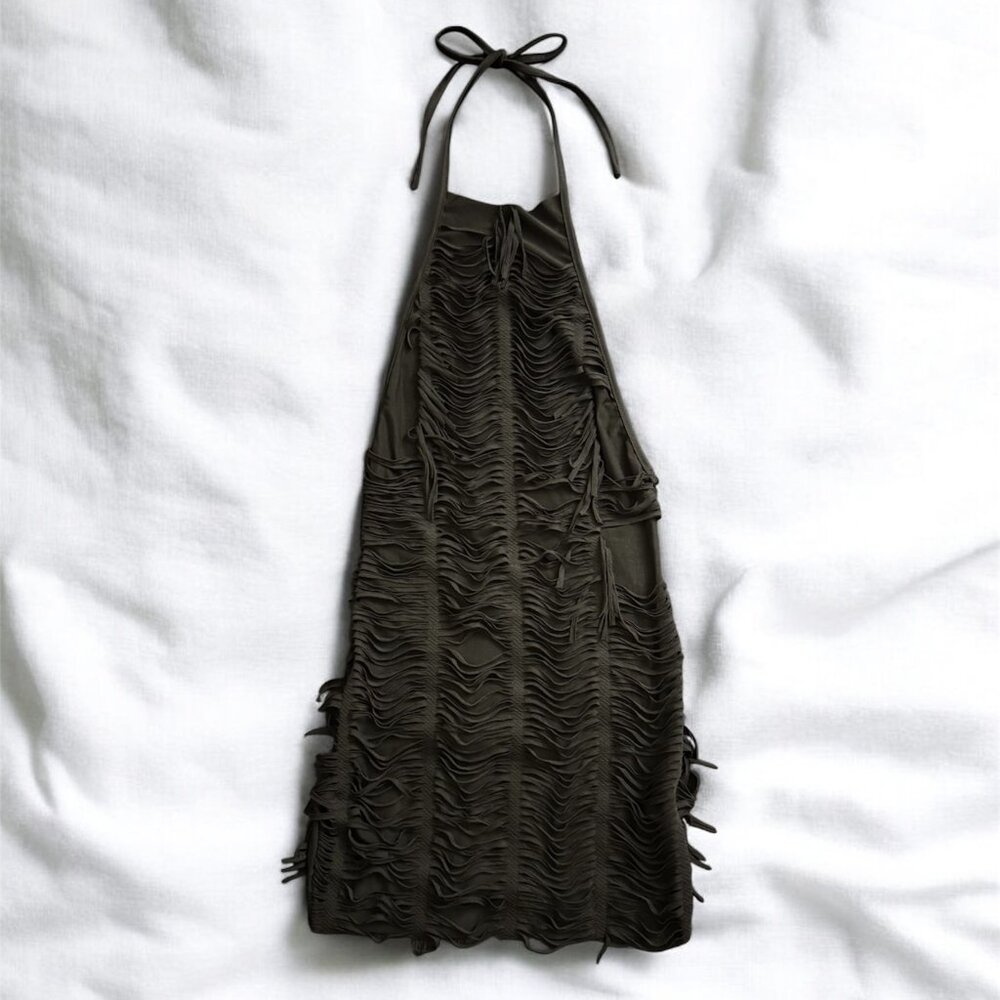Black Shredded High Halter Neck Bodycon Mini Dress